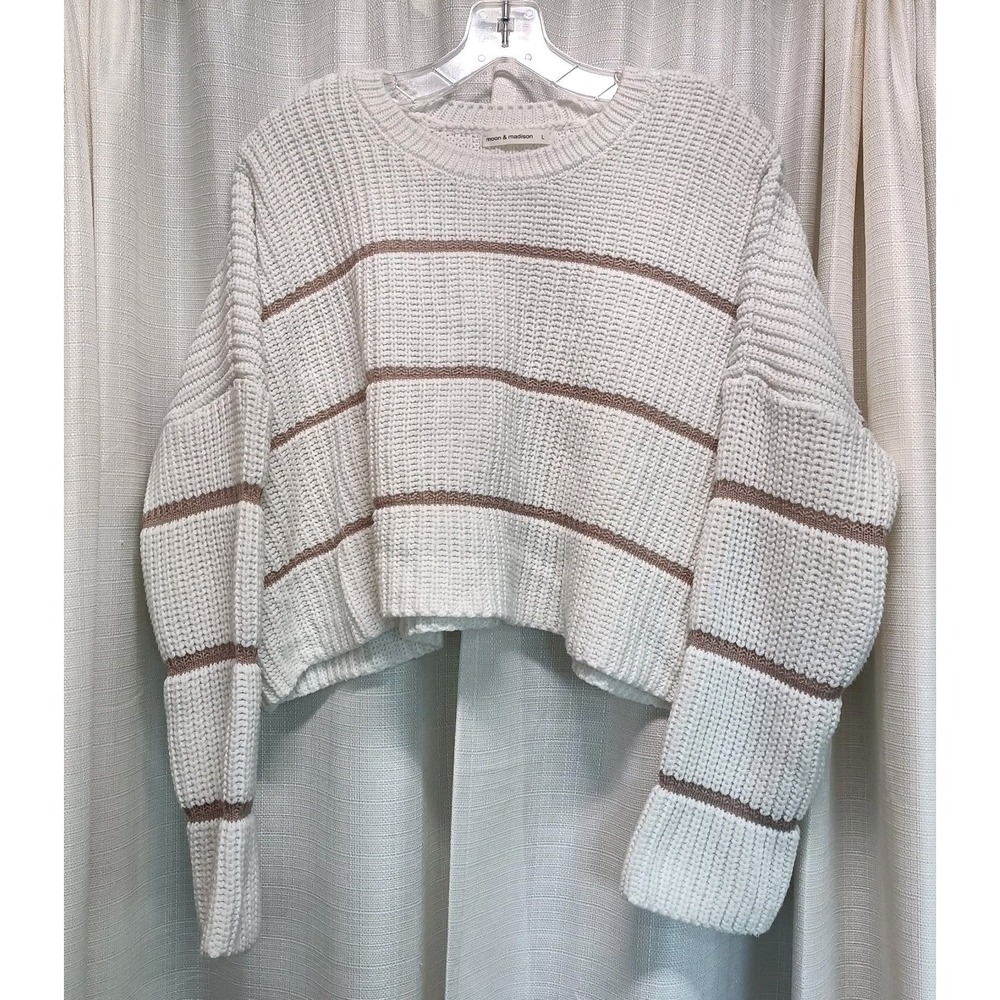 Moon &‎ Madison Women's Size L Ivory Brown Boxy Dolman Sleeve Cropped Sweater